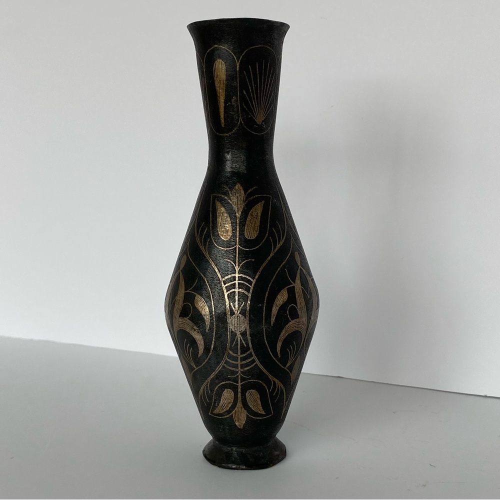 Vintage Brass Vase Etched India 7” Tall Metal Old Brown Bud Flower Engraved